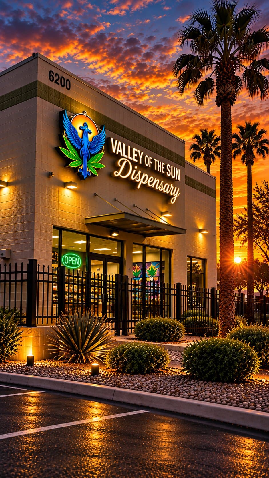 The Valley of the Sun storefront at dusk, sign lit