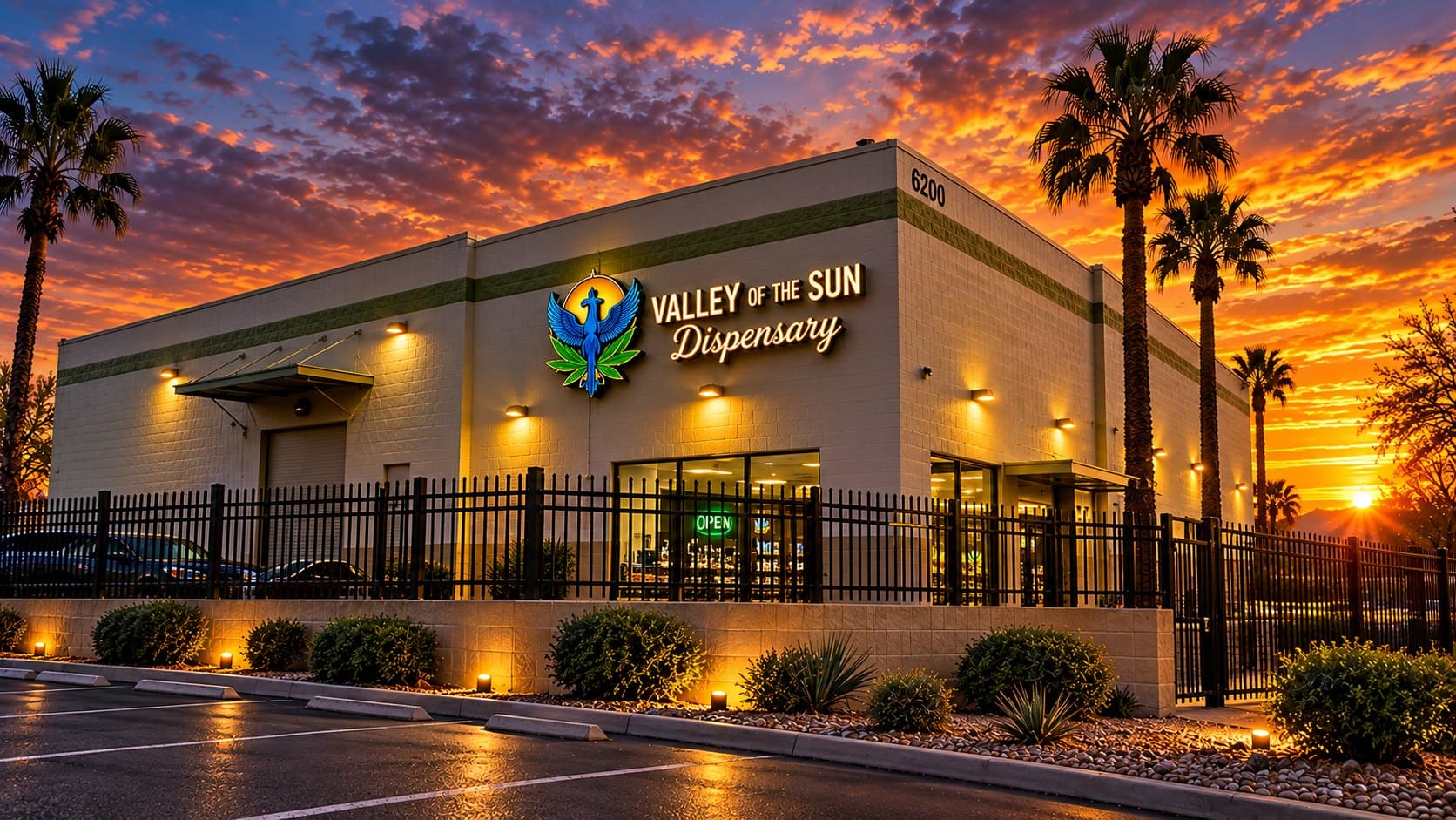 The Valley of the Sun storefront at dusk, sign lit